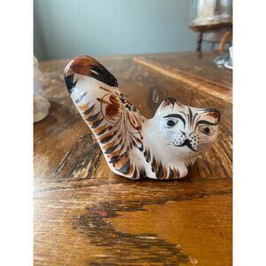 Hand Painted Ceramic Arched Back Cat Figurine By Mateos Of Mexico With Floral De